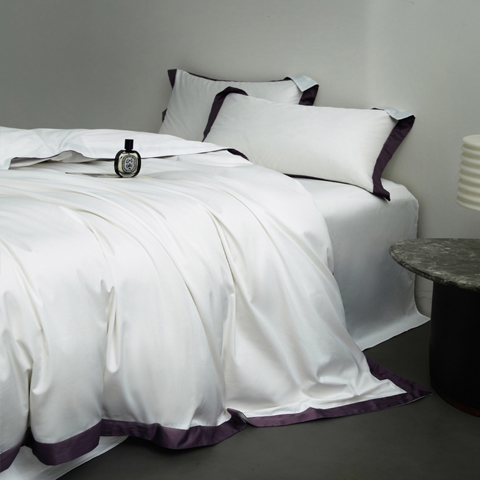 柔觉家纺 新款50*50双股长绒棉纯色拼角四件套 雅-高贵白