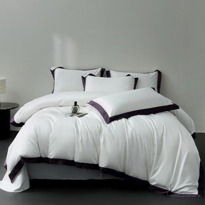 91家纺网 家纺一手货源 找家纺 柔觉家纺 新款50*50双股长绒棉纯色拼角四件套 雅-高贵白