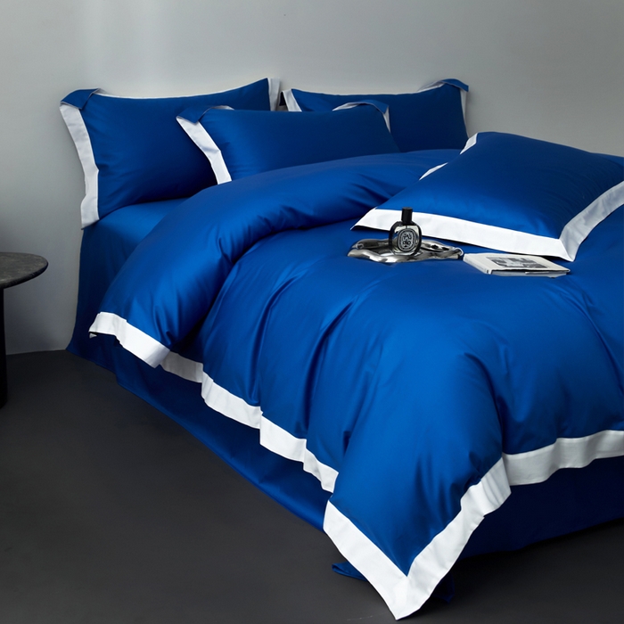 91家纺网 家纺一手货源 找家纺 柔觉家纺 新款50*50双股长绒棉纯色拼角四件套 雅-活力蓝