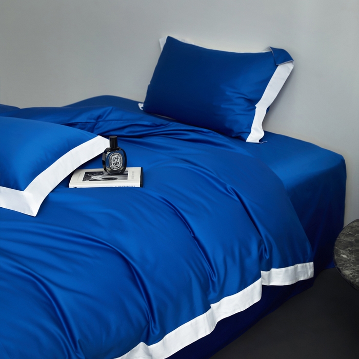 91家纺网 家纺一手货源 找家纺 柔觉家纺 新款50*50双股长绒棉纯色拼角四件套 雅-活力蓝