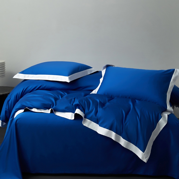 91家纺网 家纺一手货源 找家纺 柔觉家纺 新款50*50双股长绒棉纯色拼角四件套 雅-活力蓝