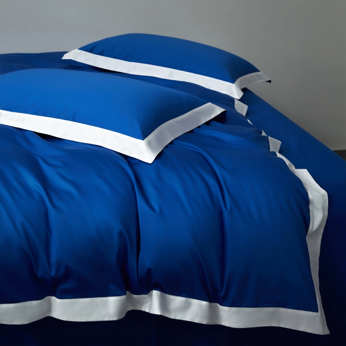 91家纺网 家纺一手货源 找家纺 柔觉家纺 新款50*50双股长绒棉纯色拼角四件套 雅-活力蓝