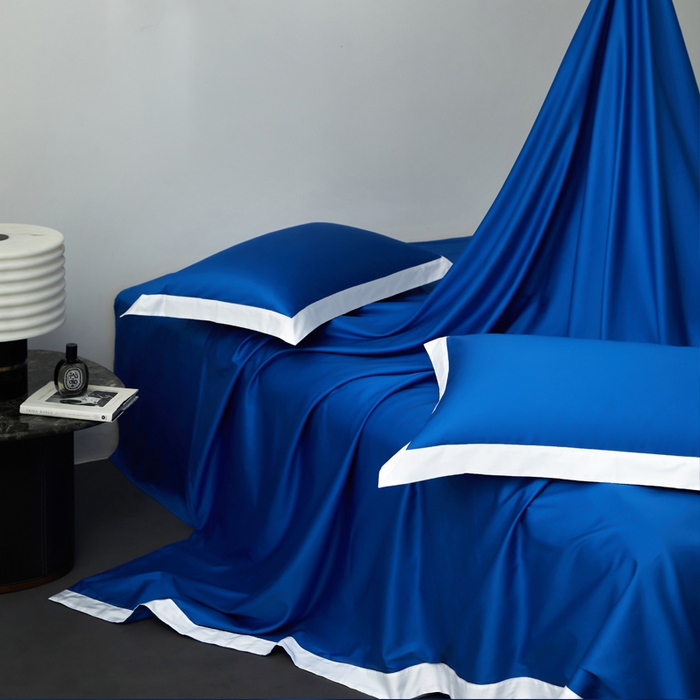 91家纺网 家纺一手货源 找家纺 柔觉家纺 新款50*50双股长绒棉纯色拼角四件套 雅-活力蓝