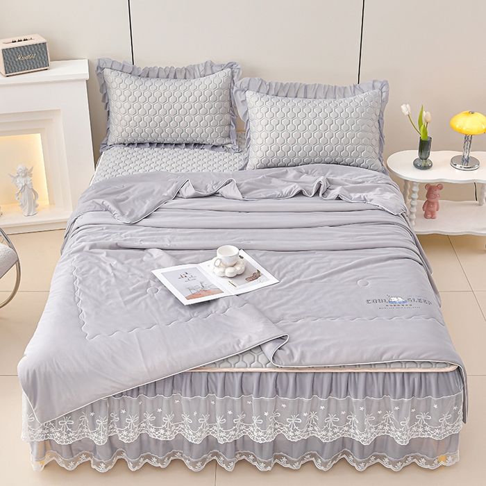 91家纺网 家纺一手货源 找家纺 畅畅家纺 2025新款夏季凉感丝唯美纯色凉席夏被四件套 唯美-经典灰