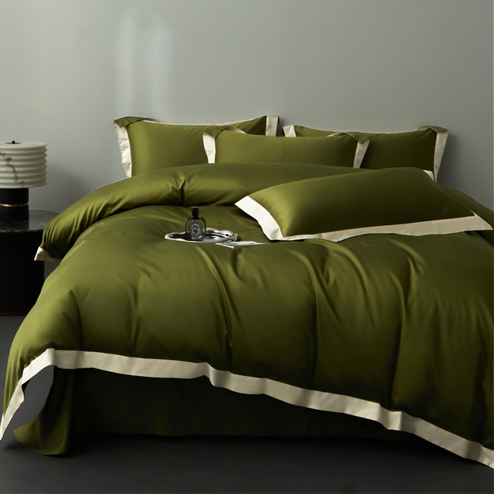 91家纺网 家纺一手货源 找家纺 柔觉家纺 新款50*50双股长绒棉纯色拼角四件套 雅-牛油果绿