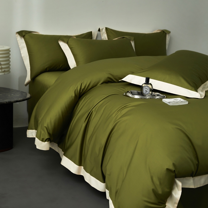 91家纺网 家纺一手货源 找家纺 柔觉家纺 新款50*50双股长绒棉纯色拼角四件套 雅-牛油果绿