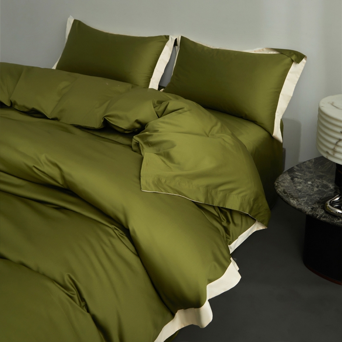 91家纺网 家纺一手货源 找家纺 柔觉家纺 新款50*50双股长绒棉纯色拼角四件套 雅-牛油果绿