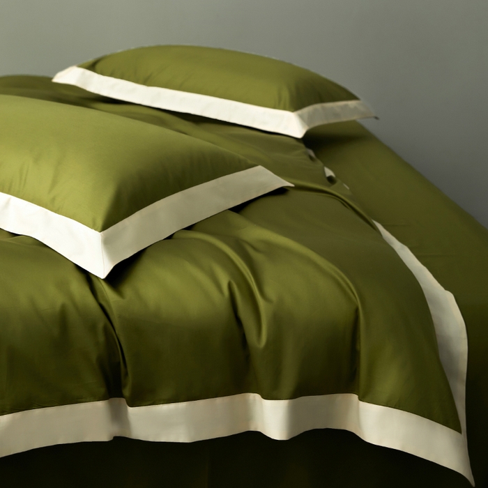 91家纺网 家纺一手货源 找家纺 柔觉家纺 新款50*50双股长绒棉纯色拼角四件套 雅-牛油果绿