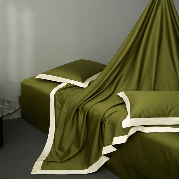 91家纺网 家纺一手货源 找家纺 柔觉家纺 新款50*50双股长绒棉纯色拼角四件套 雅-牛油果绿