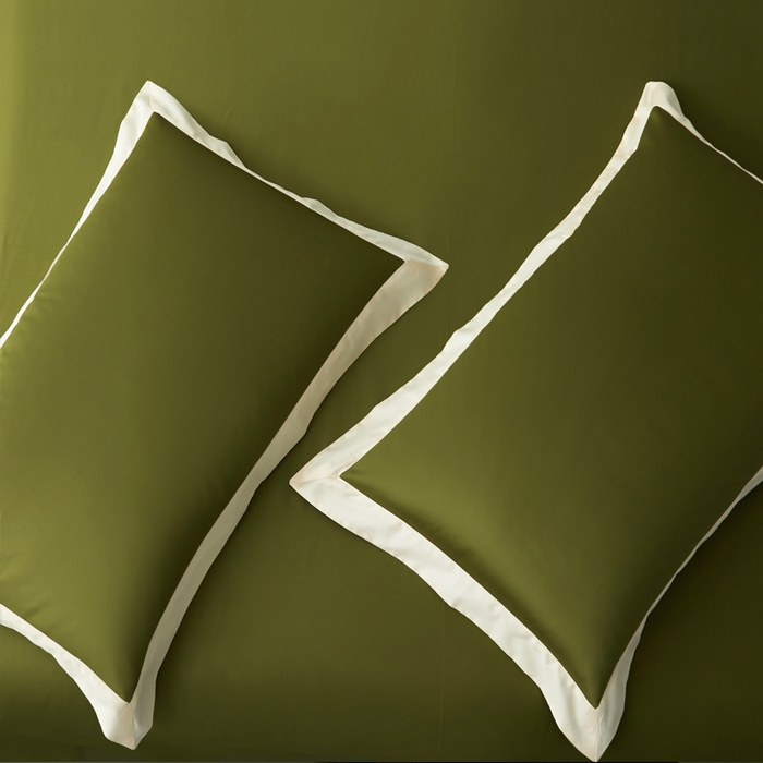 91家纺网 家纺一手货源 找家纺 柔觉家纺 新款50*50双股长绒棉纯色拼角四件套 雅-牛油果绿