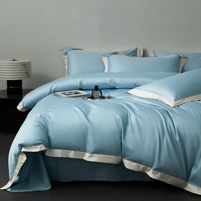 91家纺网 家纺一手货源 找家纺 柔觉家纺 新款50*50双股长绒棉纯色拼角四件套 雅-秋波蓝