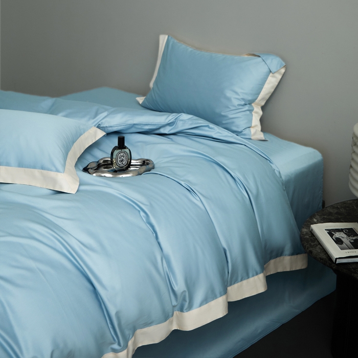 91家纺网 家纺一手货源 找家纺 柔觉家纺 新款50*50双股长绒棉纯色拼角四件套 雅-秋波蓝