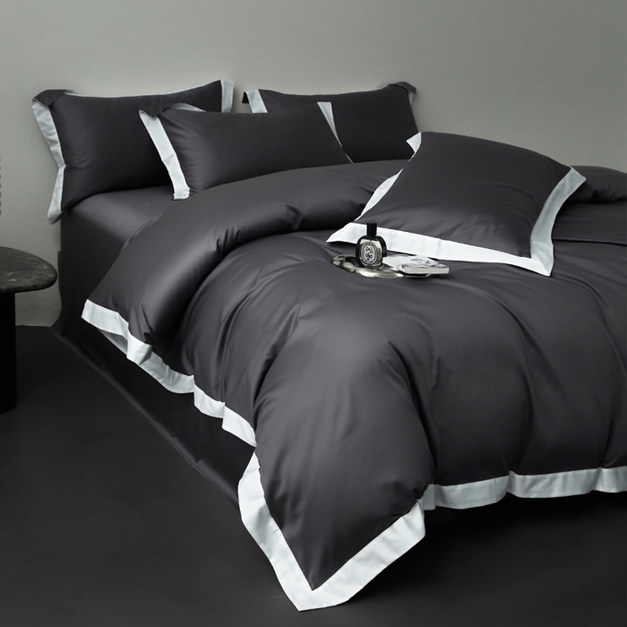 91家纺网 家纺一手货源 找家纺 柔觉家纺 新款50*50双股长绒棉纯色拼角四件套 雅-帝王灰