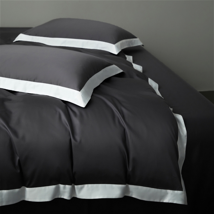 91家纺网 家纺一手货源 找家纺 柔觉家纺 新款50*50双股长绒棉纯色拼角四件套 雅-帝王灰