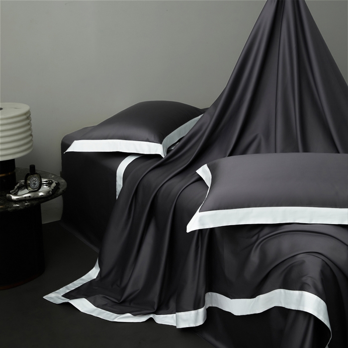 91家纺网 家纺一手货源 找家纺 柔觉家纺 新款50*50双股长绒棉纯色拼角四件套 雅-帝王灰