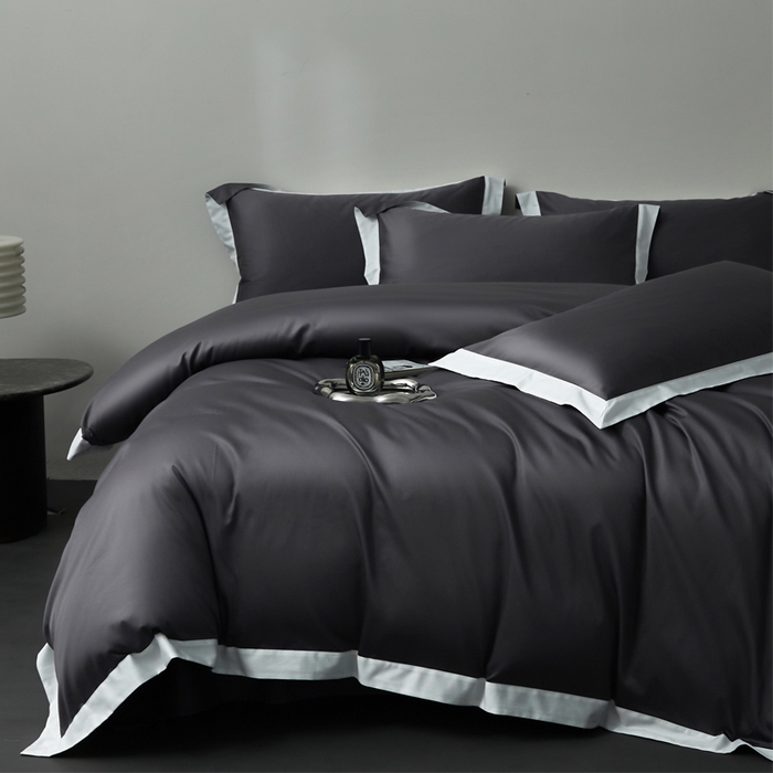 91家纺网 家纺一手货源 找家纺 柔觉家纺 新款50*50双股长绒棉纯色拼角四件套 雅-帝王灰