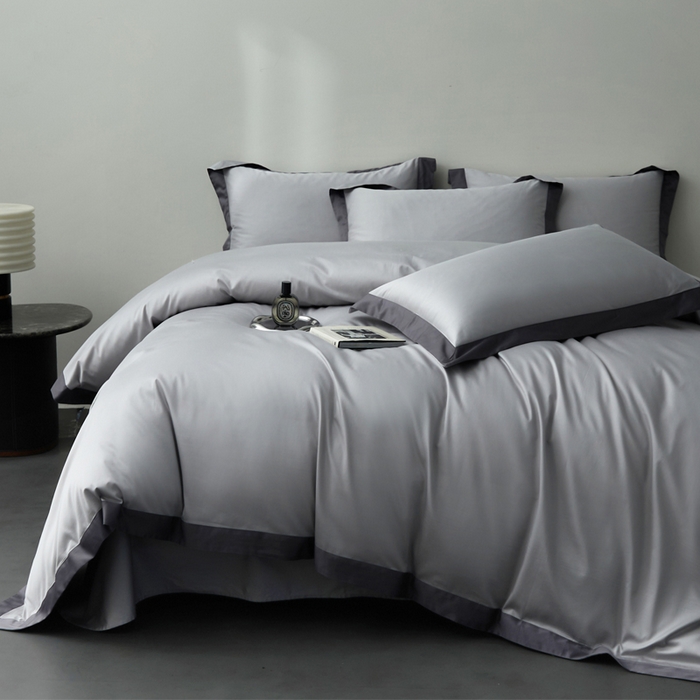 91家纺网 家纺一手货源 找家纺 柔觉家纺 新款50*50双股长绒棉纯色拼角四件套 雅-圣雅银