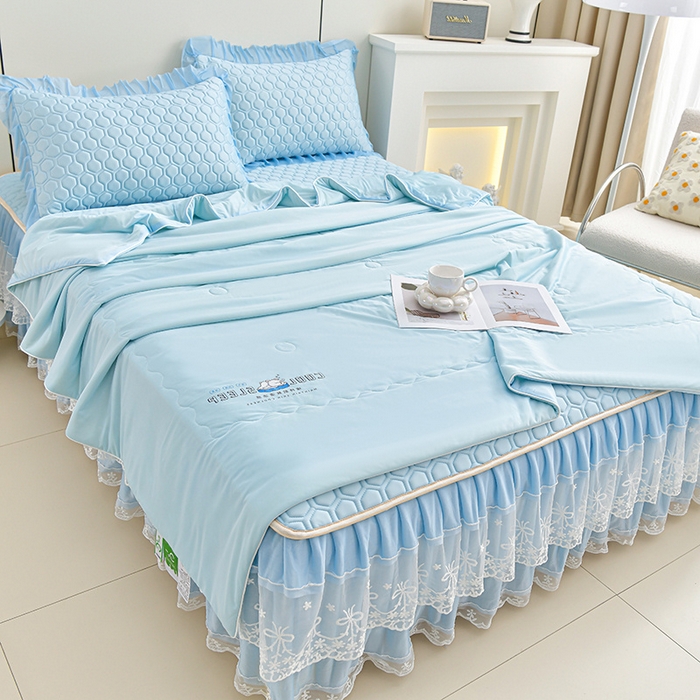 91家纺网 家纺一手货源 找家纺 畅畅家纺 2025新款夏季凉感丝唯美纯色凉席夏被四件套 唯美-天蓝