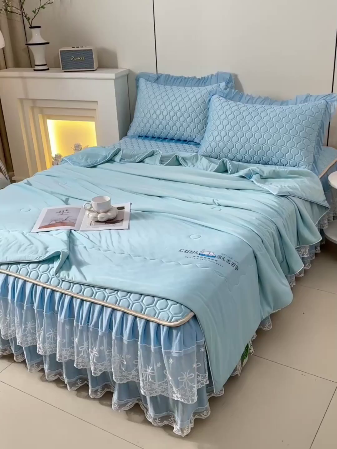 91家纺网 家纺一手货源 找家纺 畅畅家纺 2025新款夏季凉感丝唯美纯色凉席夏被四件套 唯美-天蓝