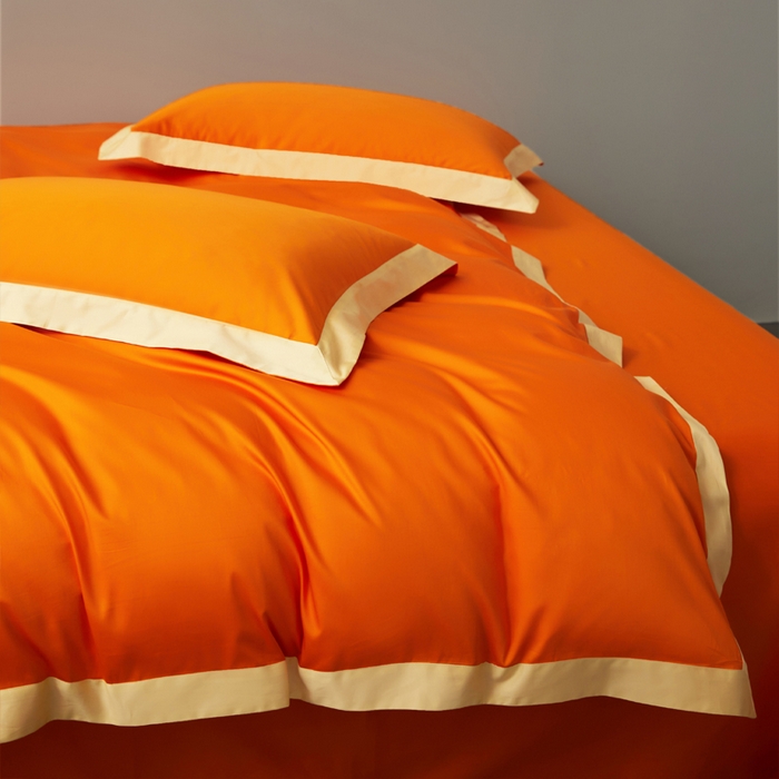 91家纺网 家纺一手货源 找家纺 柔觉家纺 新款50*50双股长绒棉纯色拼角四件套 雅-阳光橙