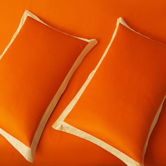 91家纺网 家纺一手货源 找家纺 柔觉家纺 新款50*50双股长绒棉纯色拼角四件套 雅-阳光橙