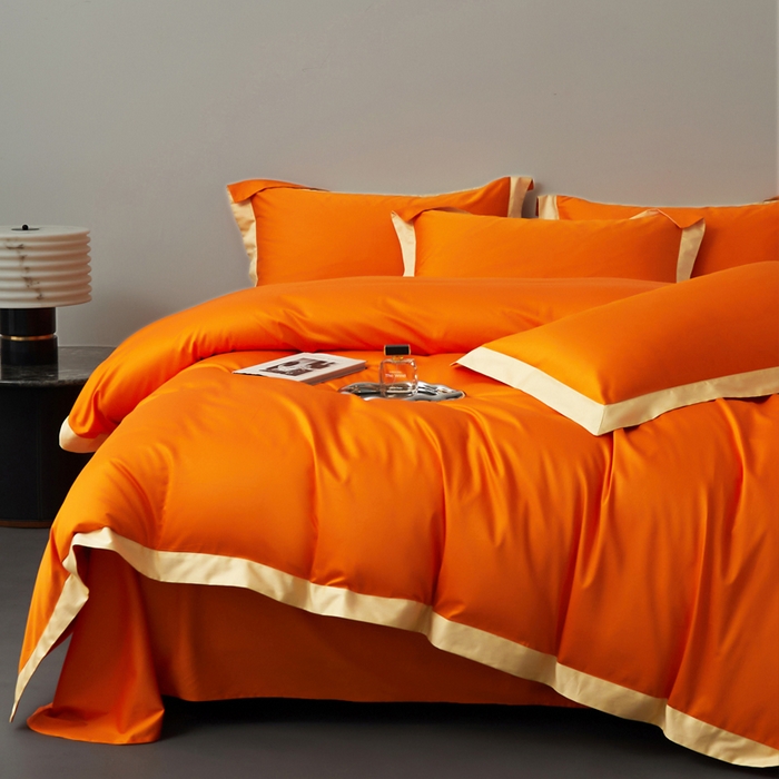 91家纺网 家纺一手货源 找家纺 柔觉家纺 新款50*50双股长绒棉纯色拼角四件套 雅-阳光橙