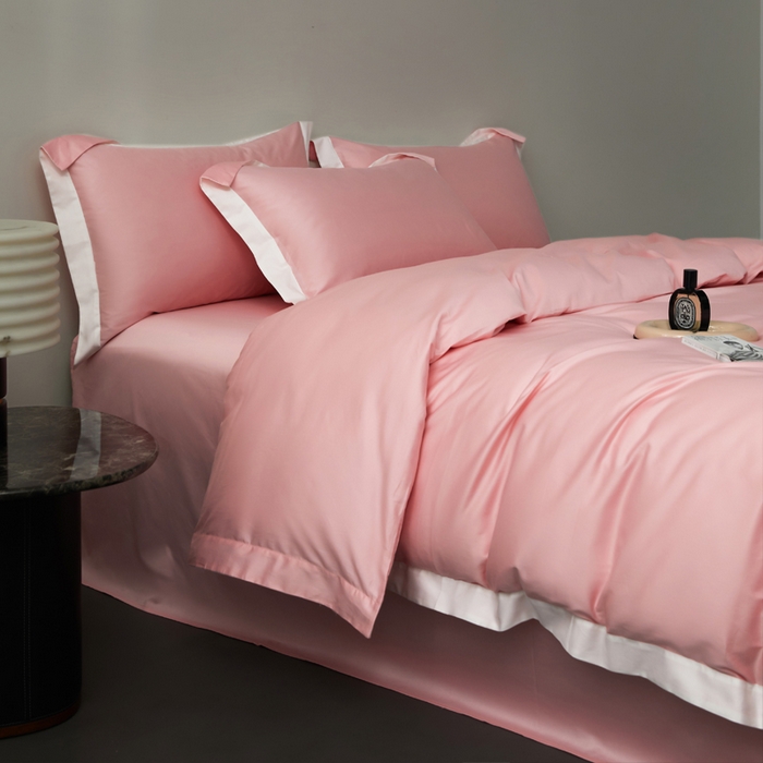 91家纺网 家纺一手货源 找家纺 柔觉家纺 新款50*50双股长绒棉纯色拼角四件套 雅-樱花粉