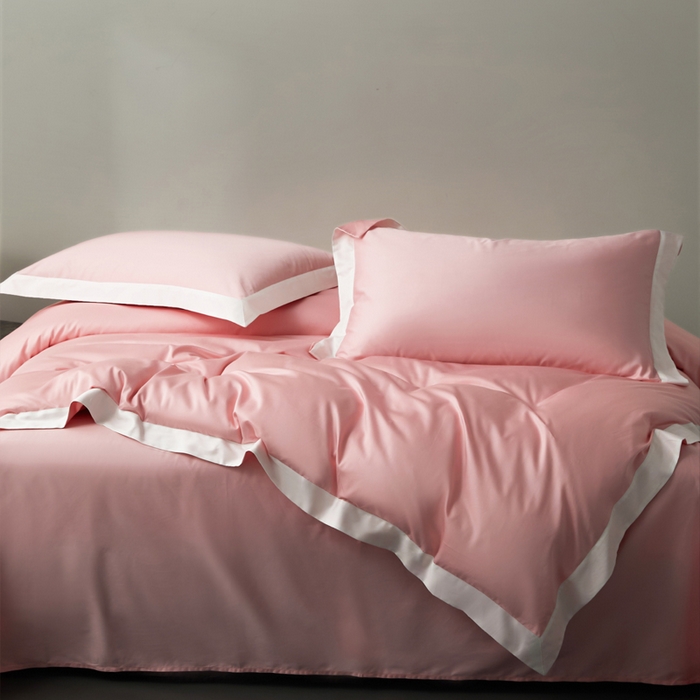 91家纺网 家纺一手货源 找家纺 柔觉家纺 新款50*50双股长绒棉纯色拼角四件套 雅-樱花粉