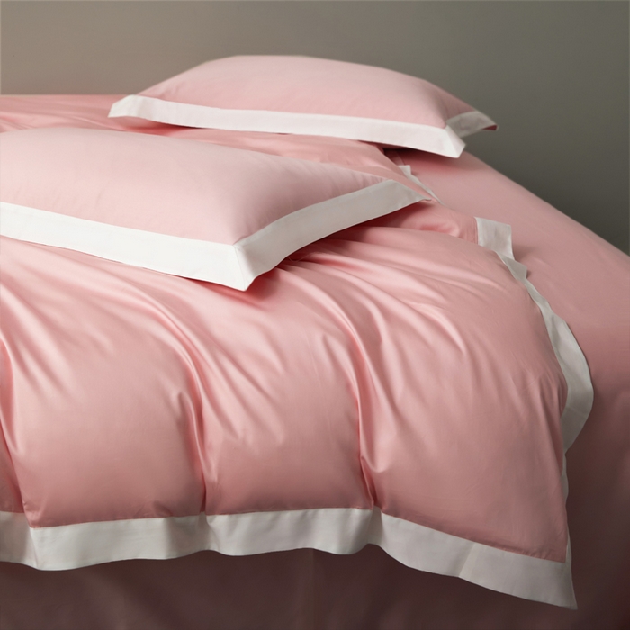 91家纺网 家纺一手货源 找家纺 柔觉家纺 新款50*50双股长绒棉纯色拼角四件套 雅-樱花粉