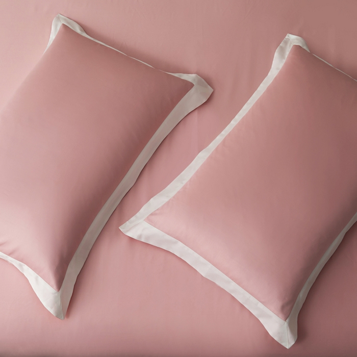 91家纺网 家纺一手货源 找家纺 柔觉家纺 新款50*50双股长绒棉纯色拼角四件套 雅-樱花粉