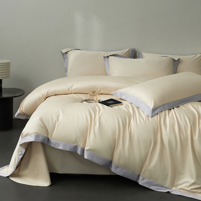 91家纺网 家纺一手货源 找家纺 柔觉家纺 新款50*50双股长绒棉纯色拼角四件套 雅-芝士黄