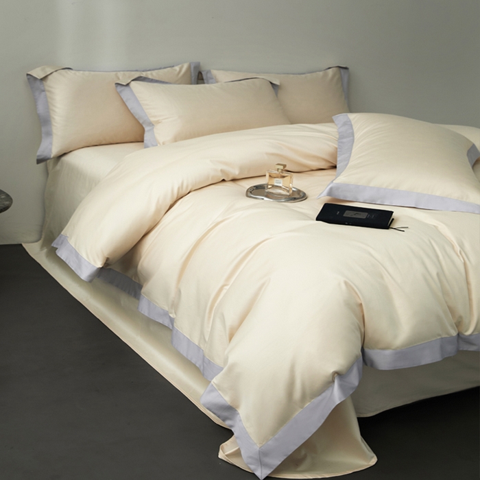 91家纺网 家纺一手货源 找家纺 柔觉家纺 新款50*50双股长绒棉纯色拼角四件套 雅-芝士黄