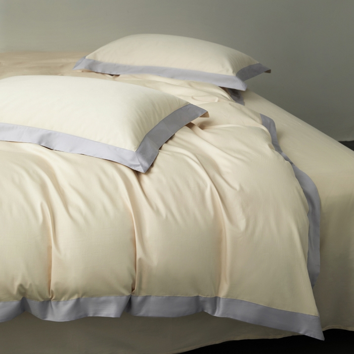 91家纺网 家纺一手货源 找家纺 柔觉家纺 新款50*50双股长绒棉纯色拼角四件套 雅-芝士黄