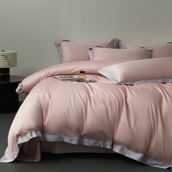 91家纺网 家纺一手货源 找家纺 柔觉家纺 新款50*50双股长绒棉纯色拼角四件套 雅-钻粉色