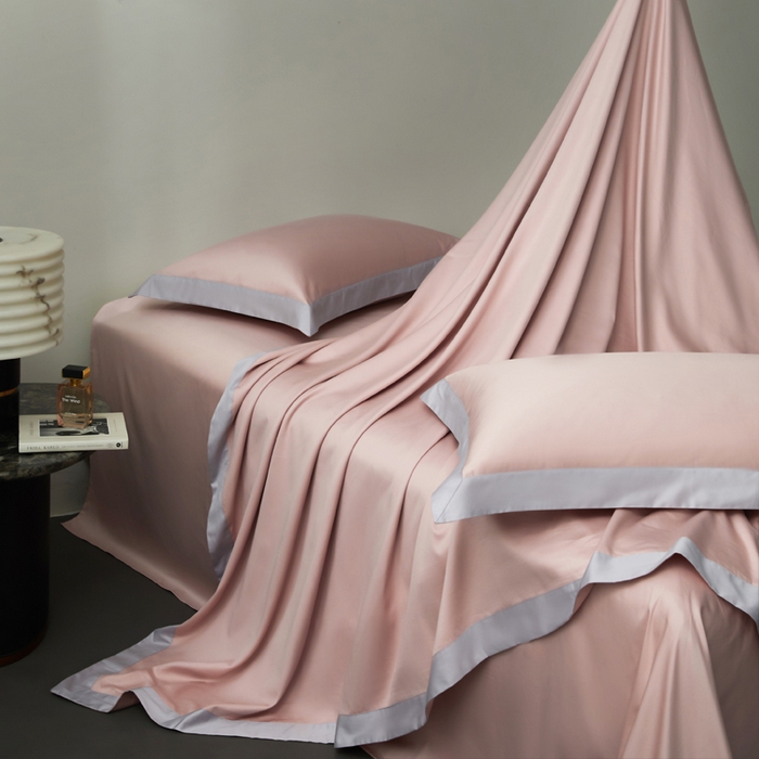 91家纺网 家纺一手货源 找家纺 柔觉家纺 新款50*50双股长绒棉纯色拼角四件套 雅-钻粉色