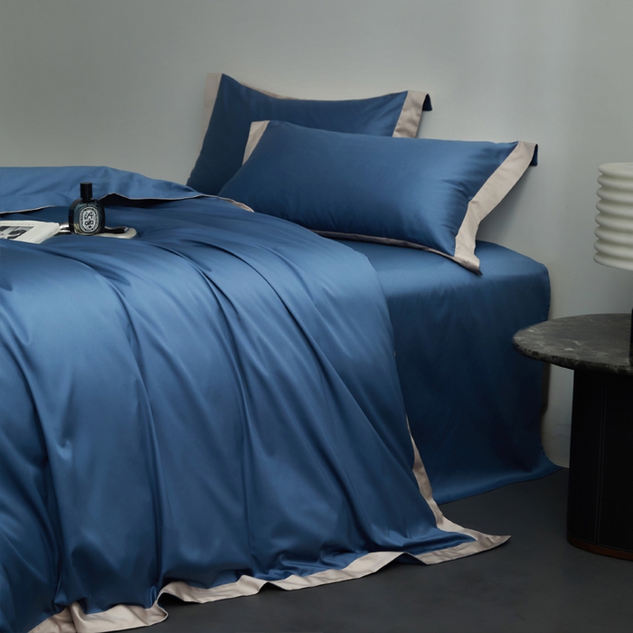 柔觉家纺 新款50*50双股长绒棉纯色拼角四件套 雅-宾利金