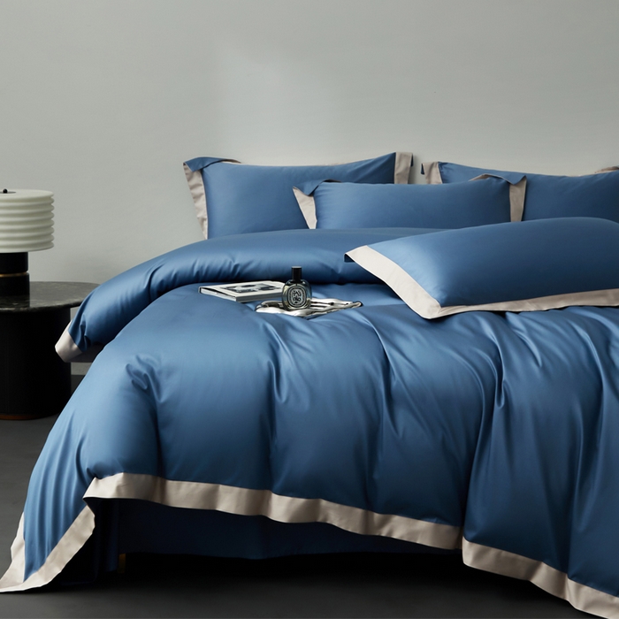 91家纺网 家纺一手货源 找家纺 柔觉家纺 新款50*50双股长绒棉纯色拼角四件套 雅-宾利金