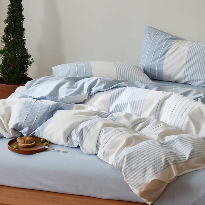 91家纺网 家纺一手货源 找家纺 Mr.pig猪先生水洗棉 2025新款全棉色织立体四件套 嫩蓝