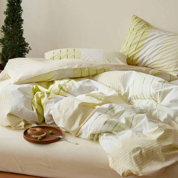 91家纺网 家纺一手货源 找家纺 Mr.pig猪先生水洗棉 2025新款全棉色织立体四件套 绿黄