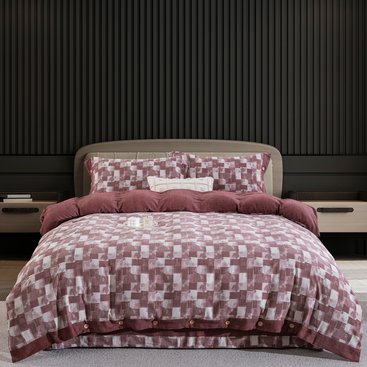 91家纺网 家纺一手货源 找家纺 双层纱家居 2025新款全棉色织提花四件套-都市万象 都市万象-豆沙