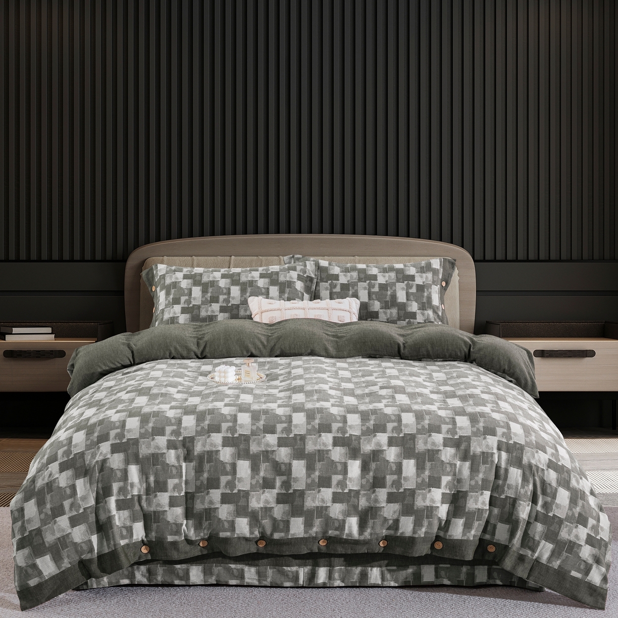 91家纺网 家纺一手货源 找家纺 双层纱家居 2025新款全棉色织提花四件套-都市万象 都市万象-绿