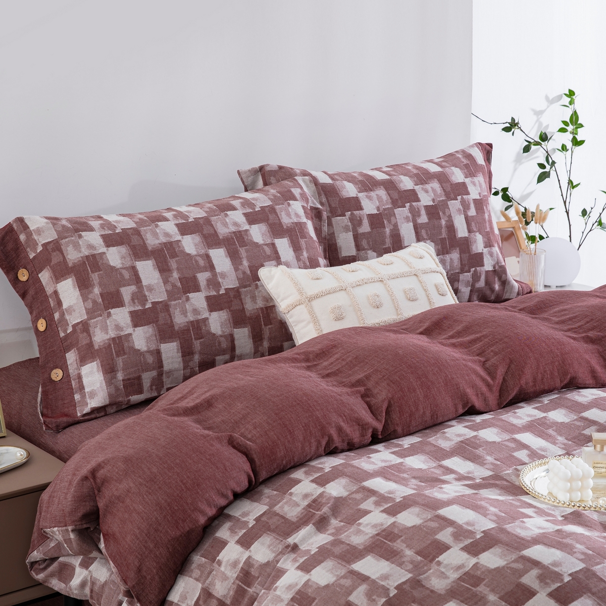 91家纺网 家纺一手货源 找家纺 双层纱家居 2025新款全棉色织提花四件套-都市万象 都市万象-豆沙