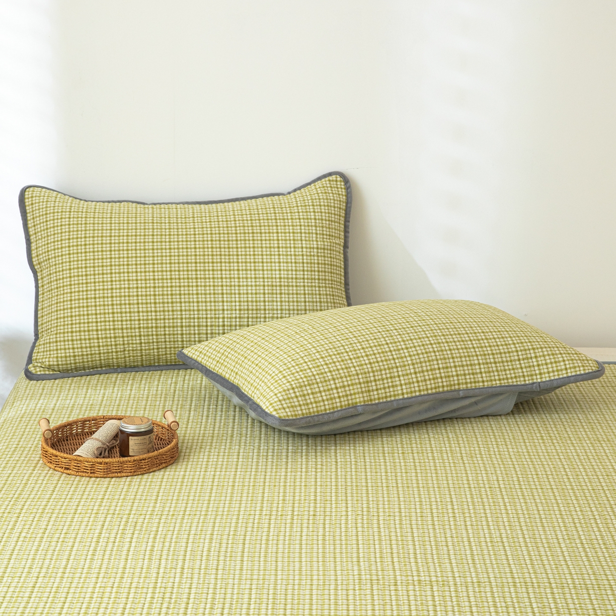 91家纺网 家纺一手货源 找家纺 简宜家居（朝初家纺） 2025新款全棉纯棉色织水洗棉床盖 华夫格青