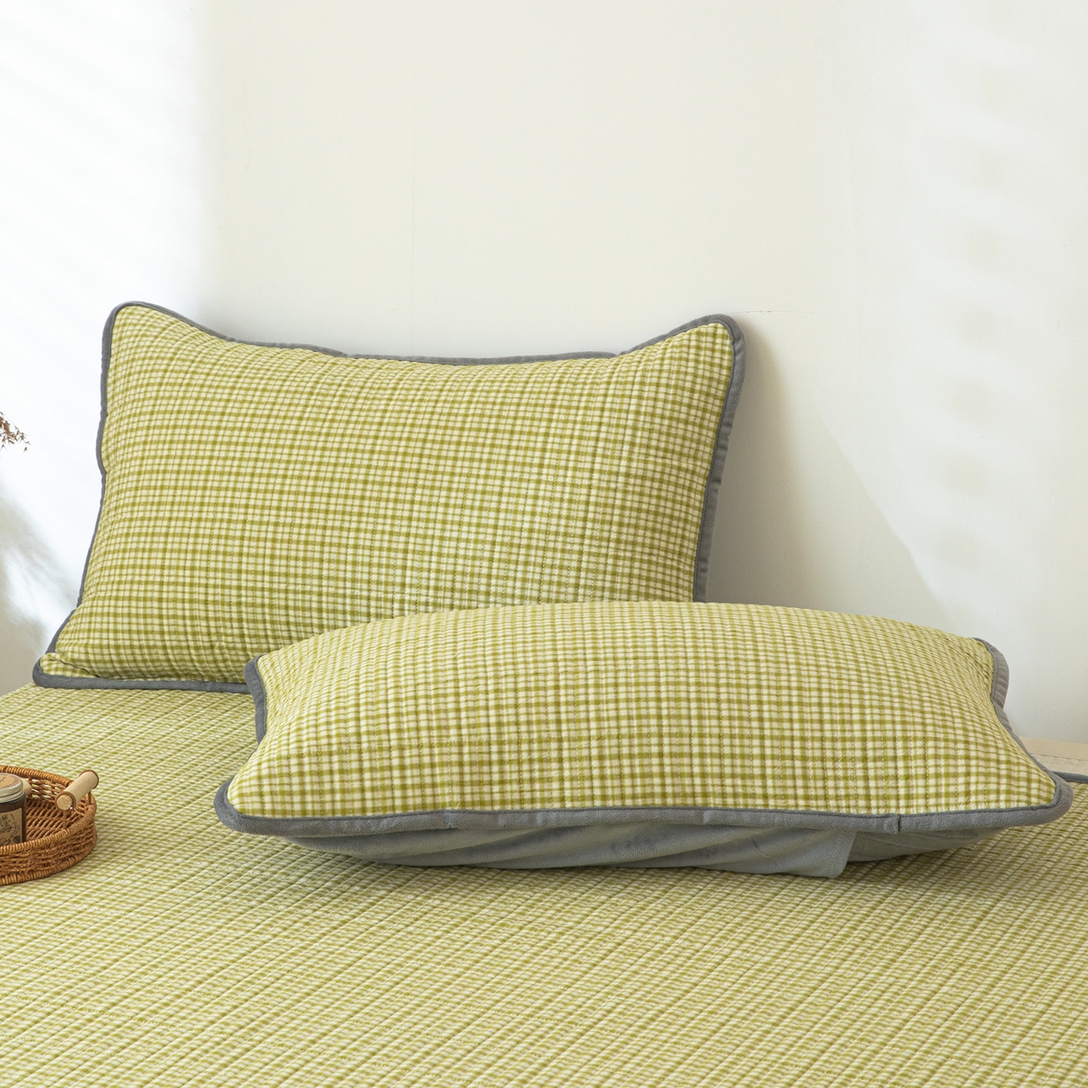 91家纺网 家纺一手货源 找家纺 简宜家居（朝初家纺） 2025新款全棉纯棉色织水洗棉床盖 华夫格青