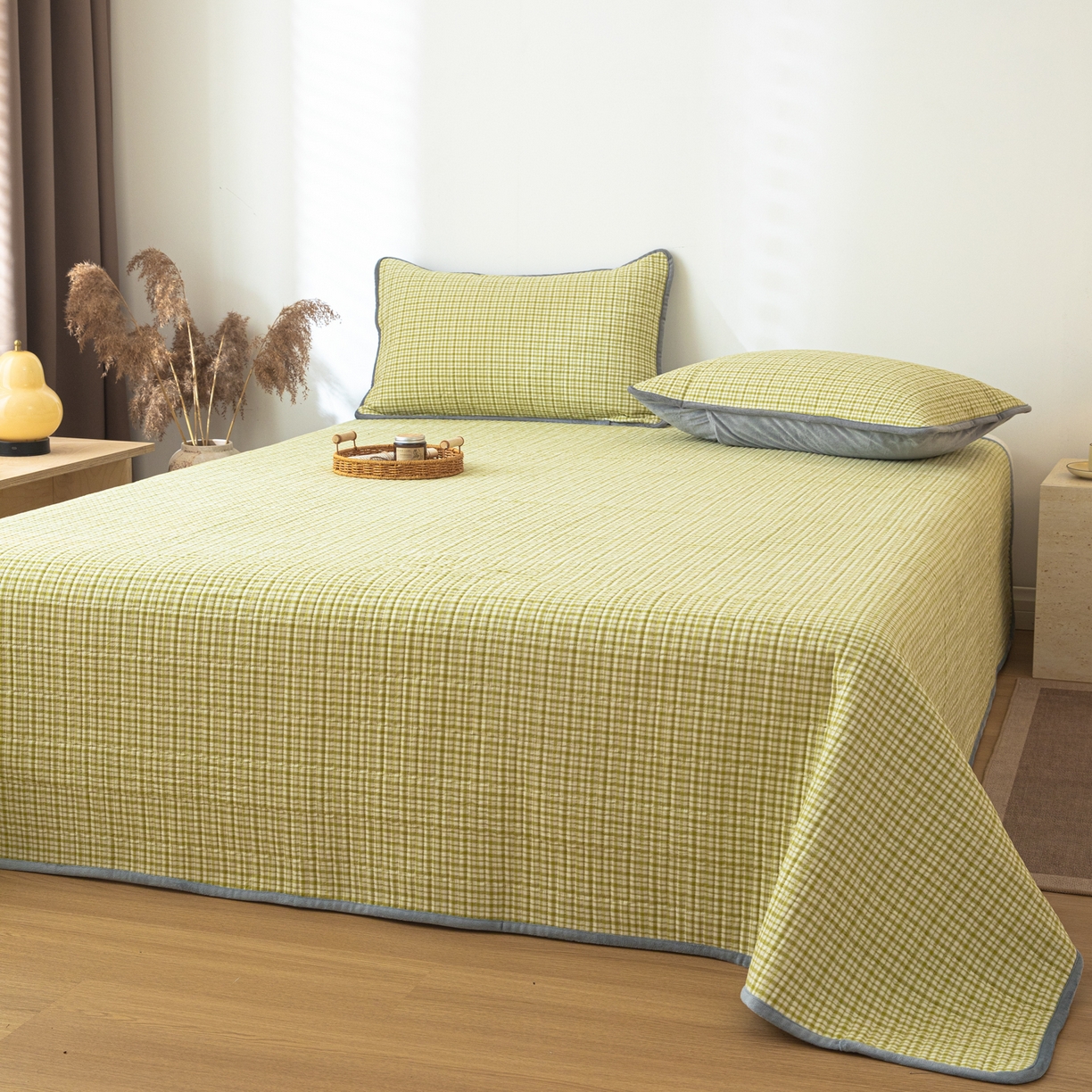 91家纺网 家纺一手货源 找家纺 简宜家居（朝初家纺） 2025新款全棉纯棉色织水洗棉床盖 华夫格青