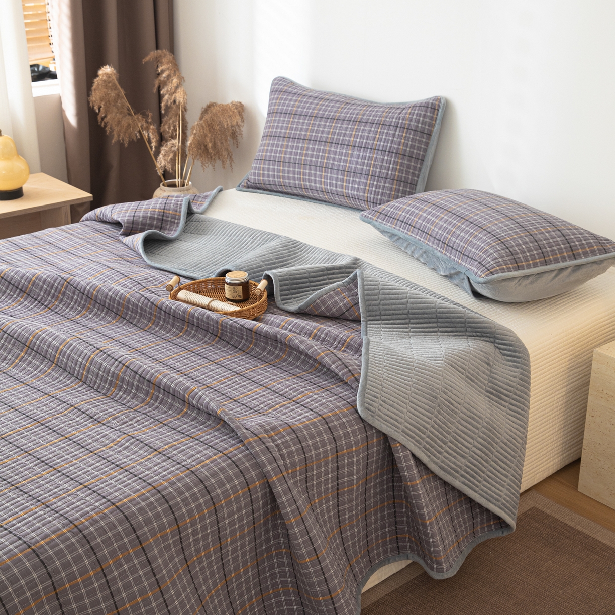 简宜家居（朝初家纺） 2025新款全棉纯棉色织水洗棉床盖 流苏紫