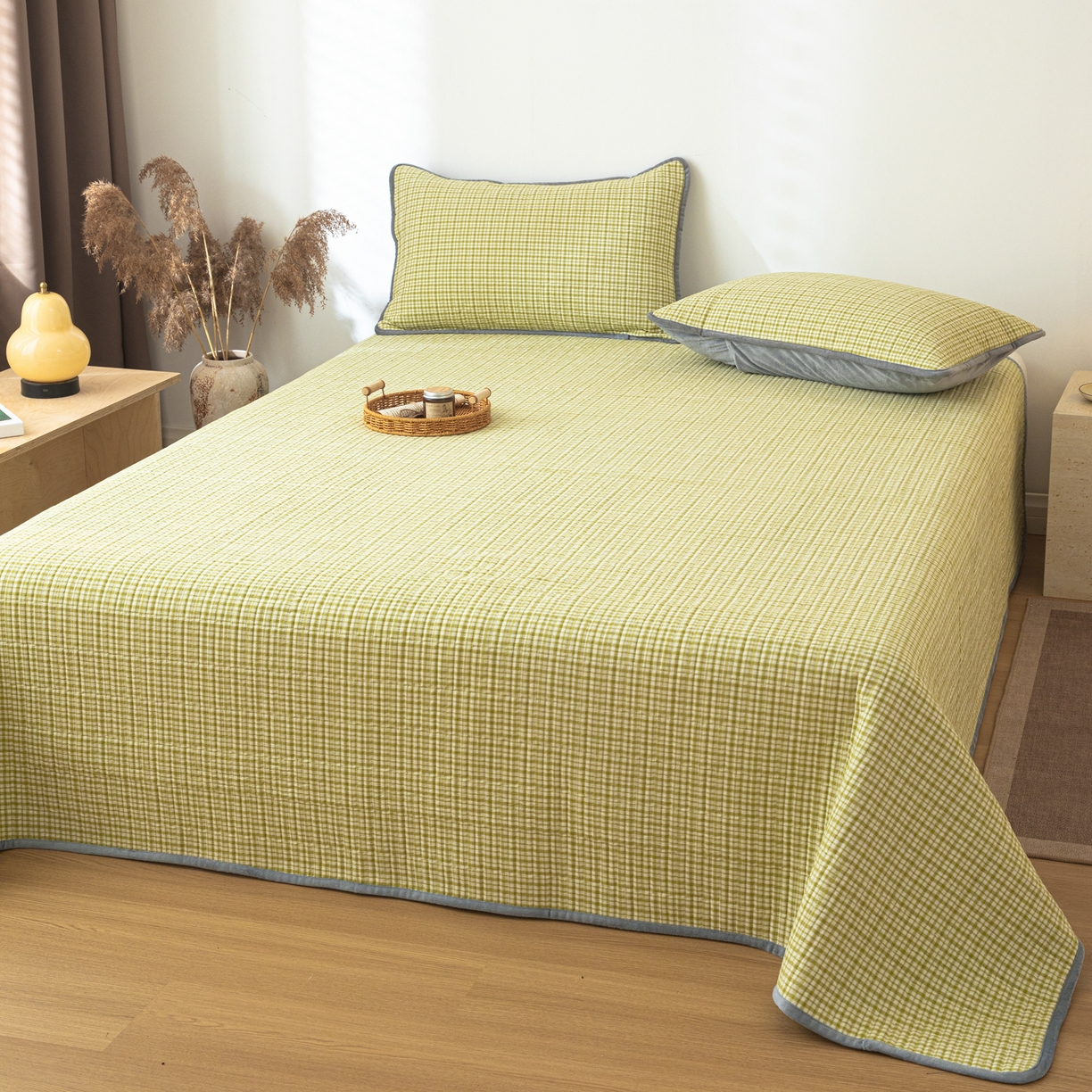 91家纺网 家纺一手货源 找家纺 简宜家居（朝初家纺） 2025新款全棉纯棉色织水洗棉床盖 华夫格青