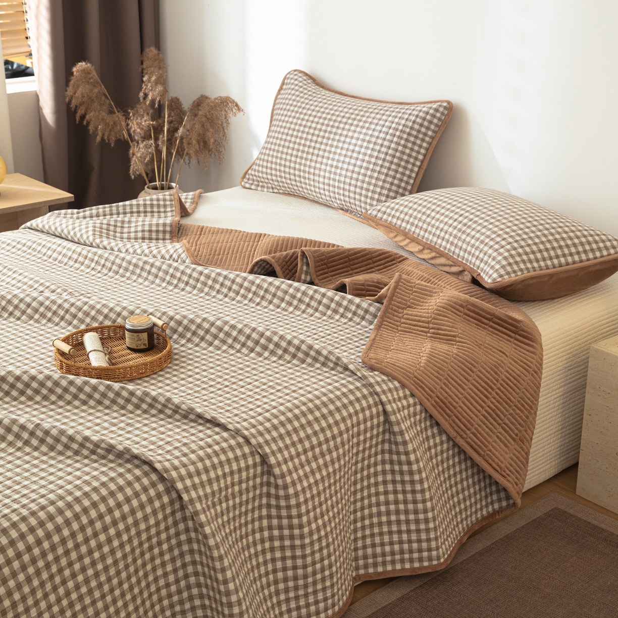 简宜家居（朝初家纺） 2025新款全棉纯棉色织水洗棉床盖 卡其小格