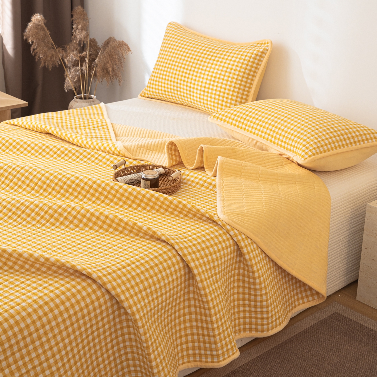 简宜家居（朝初家纺） 2025新款全棉纯棉色织水洗棉床盖 黄小格