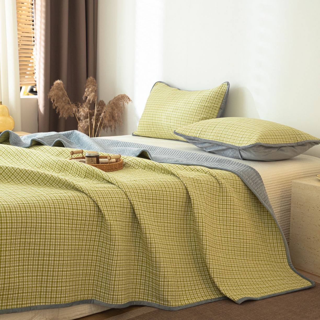 91家纺网 家纺一手货源 找家纺 简宜家居（朝初家纺） 2025新款全棉纯棉色织水洗棉床盖 华夫格青